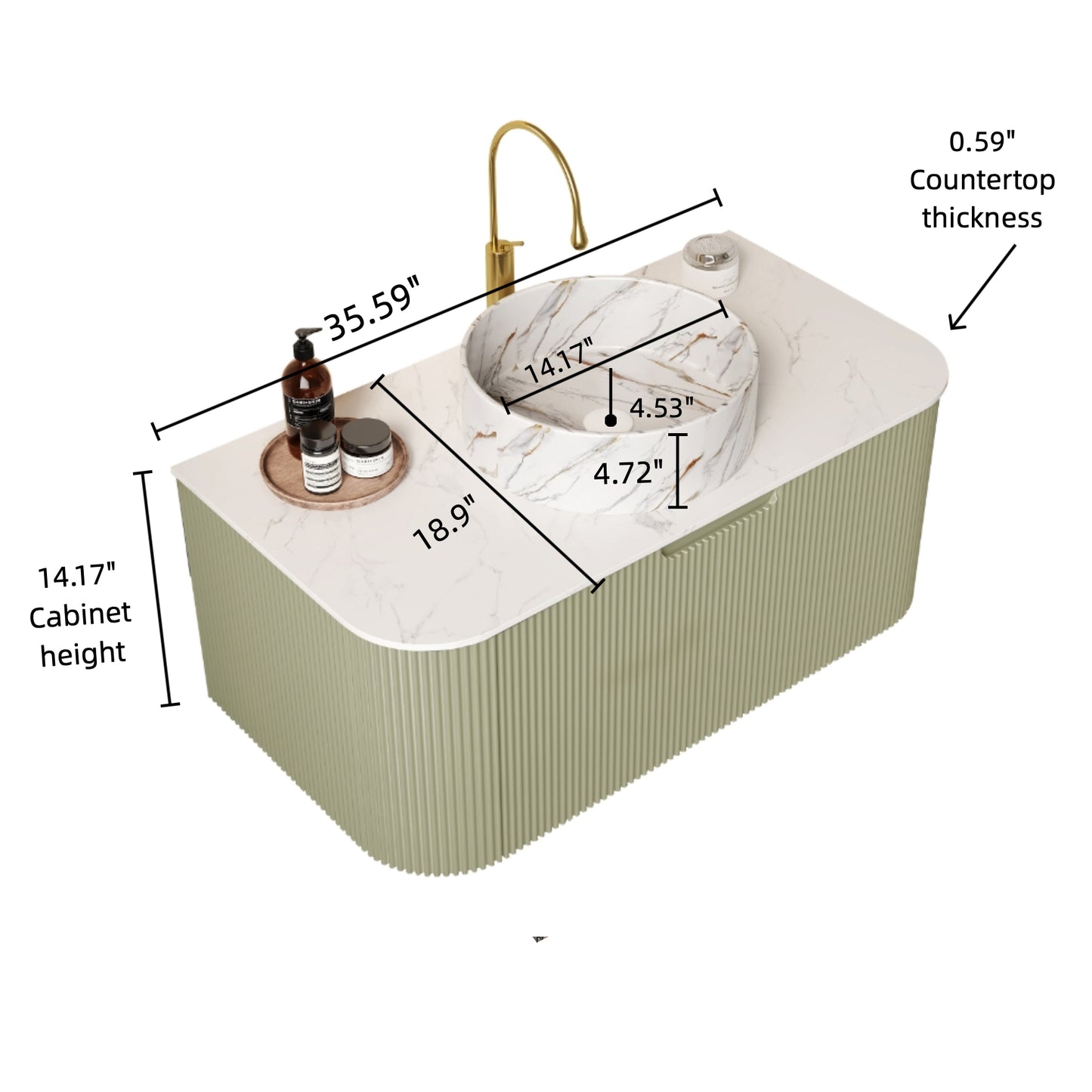 DINA 24" Bathroom Vanity with Sink, Wall-Mounted Floating Curved Edges Striped Bathroom Storage Cabinet with Drawer, White Round Ceramic Basin with Stone Pattern, Pre-assembled, Light Green Color