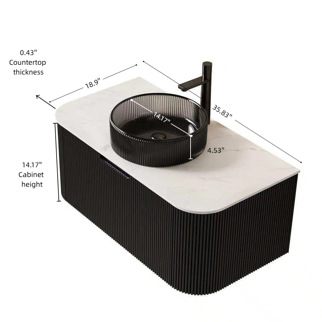 DINA 24" Bathroom Vanity with Sink, Wall-Mounted Curved Edges Striped Storage Cabinet with Drawer, Transparent Black Round Glass Basin and Countertop, Pre-assembled, Black Color