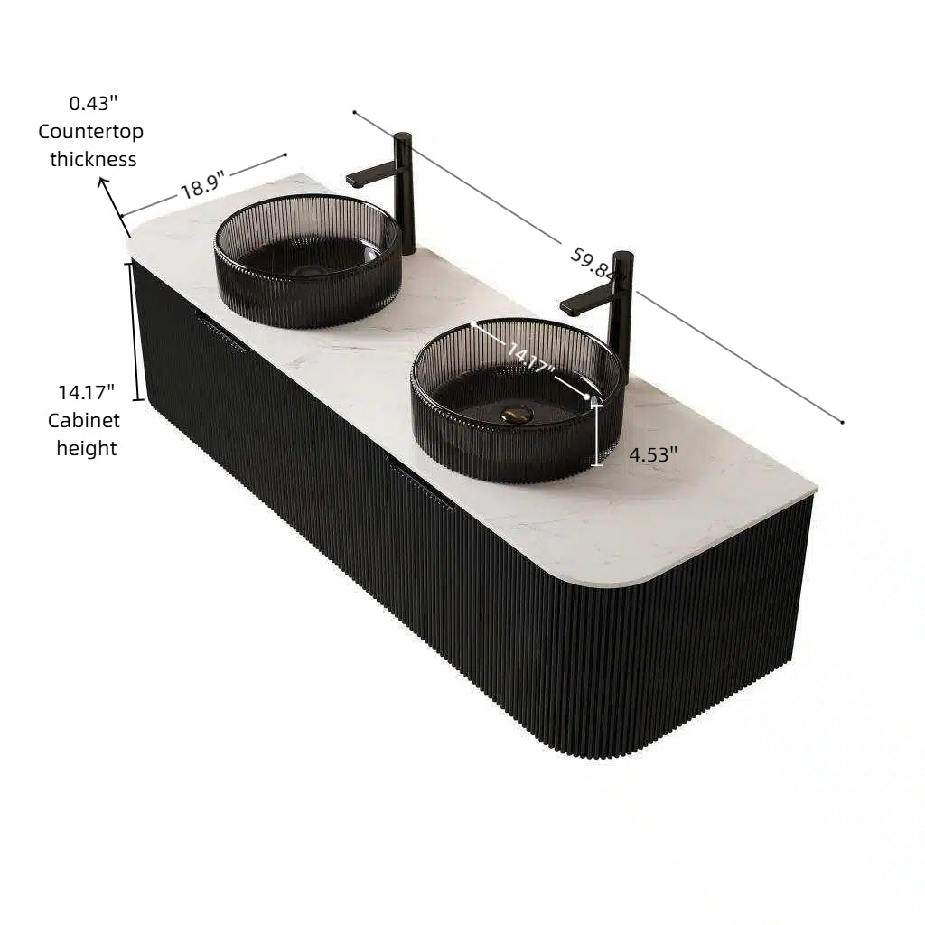 DINA 24" Bathroom Vanity with Sink, Wall-Mounted Curved Edges Striped Storage Cabinet with Drawer, Transparent Black Round Glass Basin and Countertop, Pre-assembled, Black Color