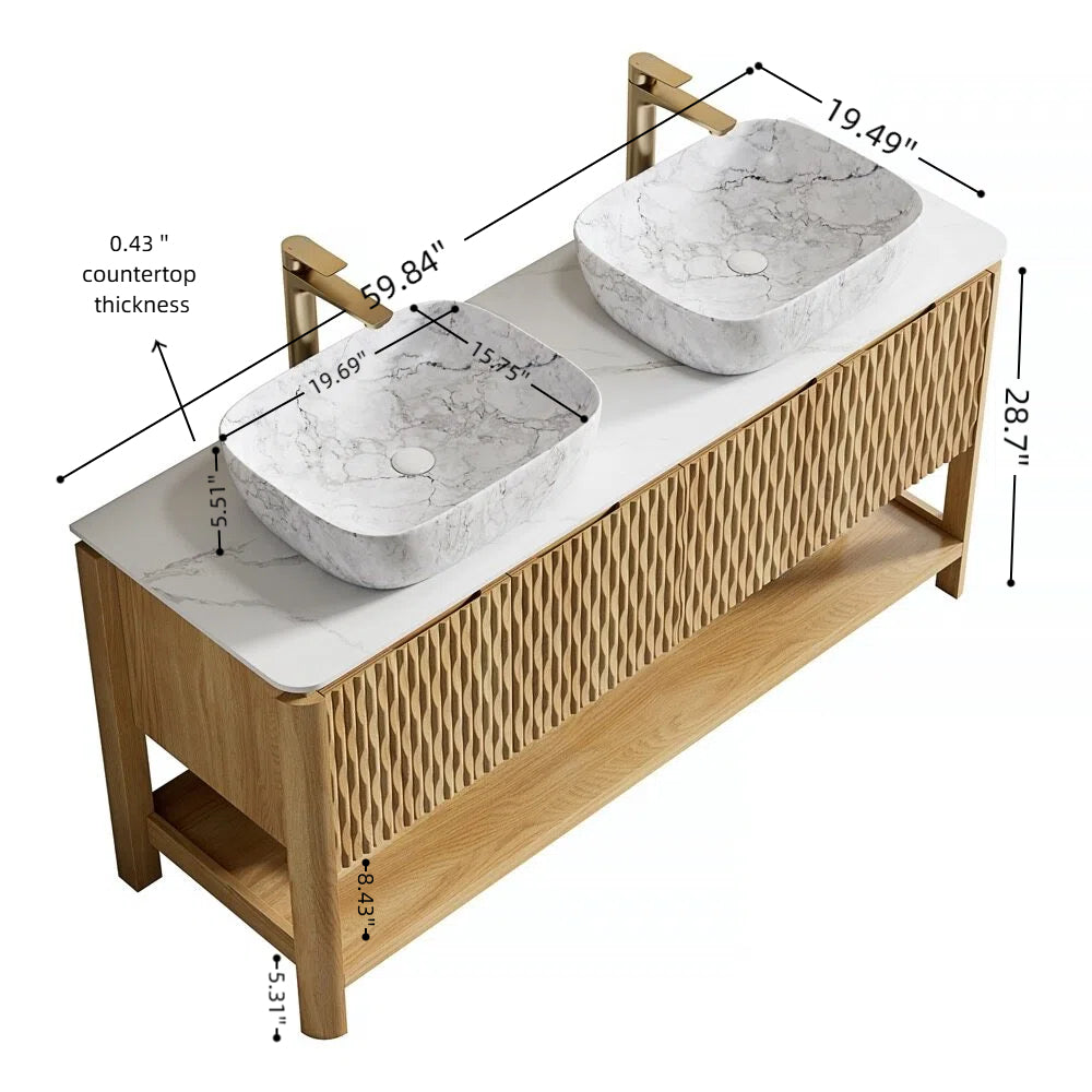 SHARMA 60" Bathroom Vanity&Sinks, Freestanding Plywood Storage Cabinet with 4 Bamboo Texture Doors&Open Shelf, 2 Marble Pattern Ceramic Basins&Carrara White Sintered Stone Top, Woodgrain Color