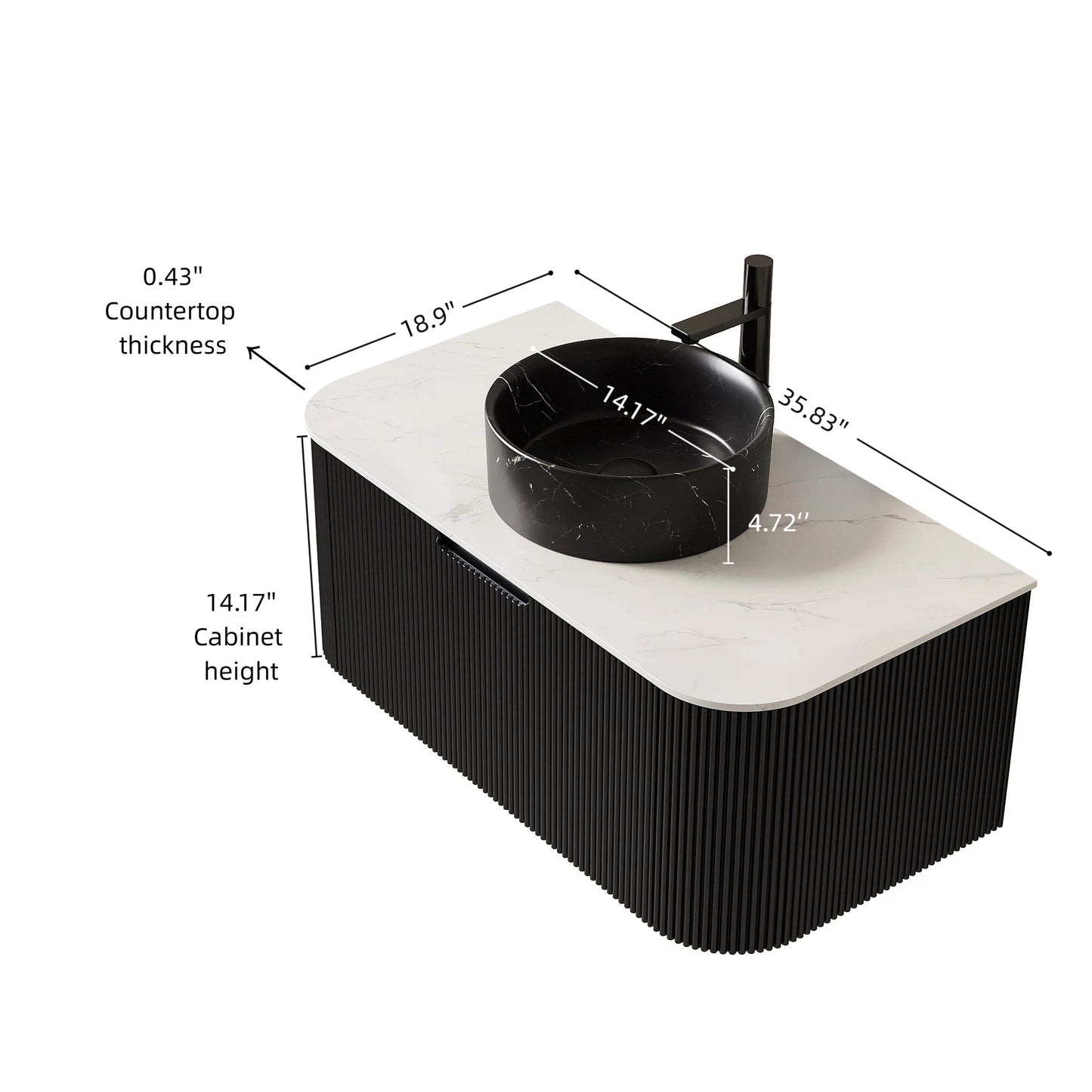 DINA 60" Bathroom Vanity&Sinks, Floating Curved Edges Striped Storage Cabinet with 2 Drawers, 2 Stone Black Round Ceramic Basins&Carrara White Sintered Stone Top, Pre-assembled, Black Color