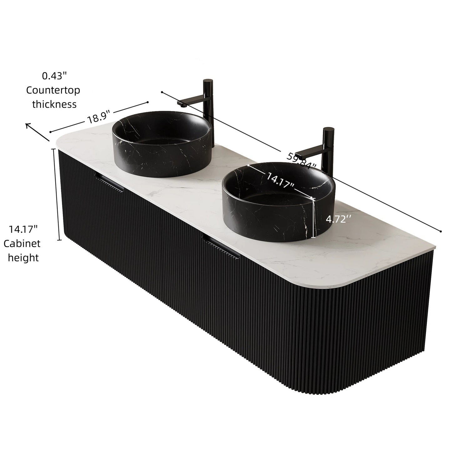 DINA 60" Bathroom Vanity&Sinks, Floating Curved Edges Striped Storage Cabinet with 2 Drawers, 2 Stone Black Round Ceramic Basins&Carrara White Sintered Stone Top, Pre-assembled, Black Color