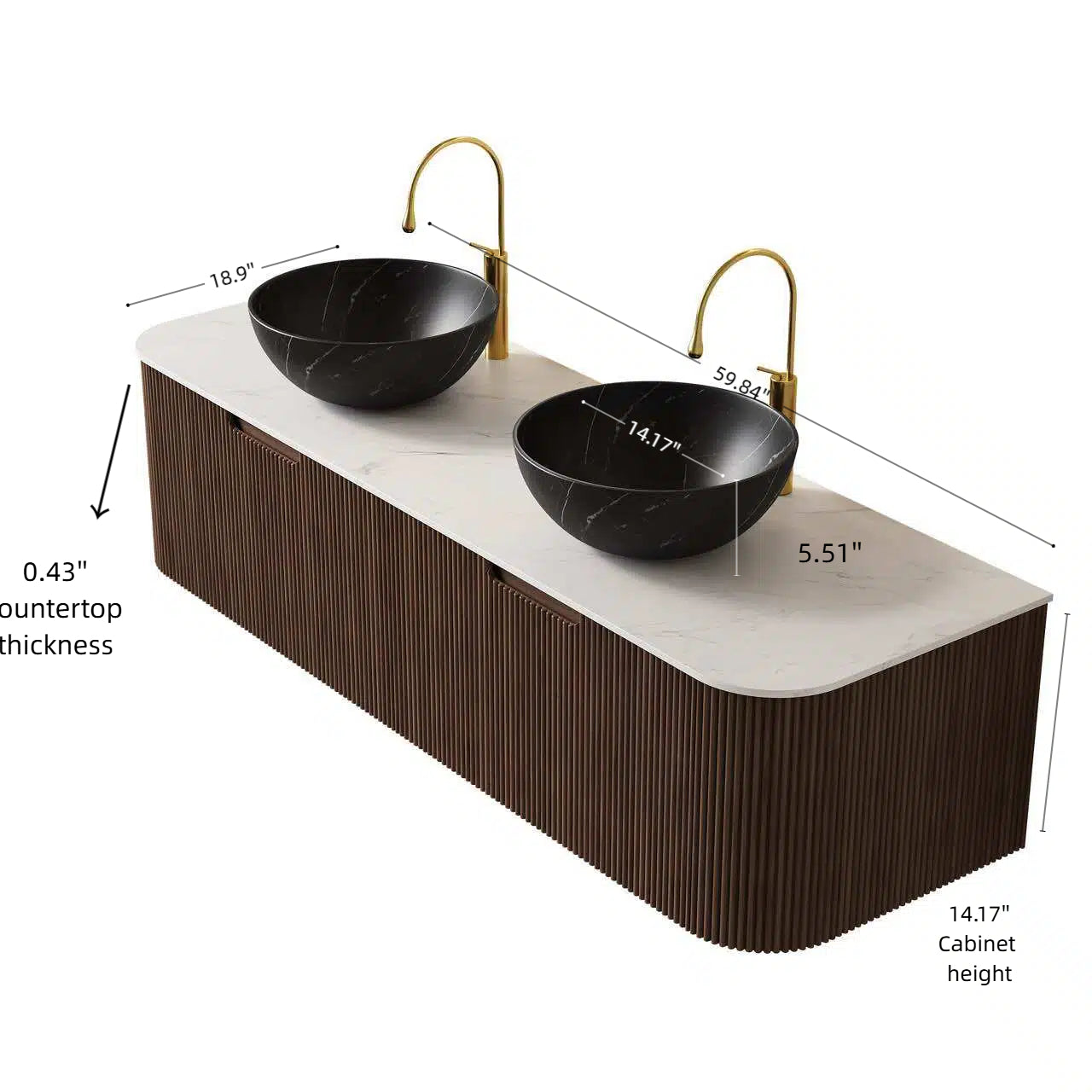 DINA 24" Bathroom Vanity&Sink, Floating Curved Edges Striped Storage Cabinet with Drawer, Stone Black Round Ceramic Basin&Carrara White Sintered Stone Top, Pre-assembled, Dark Walnut Woodgrain Color