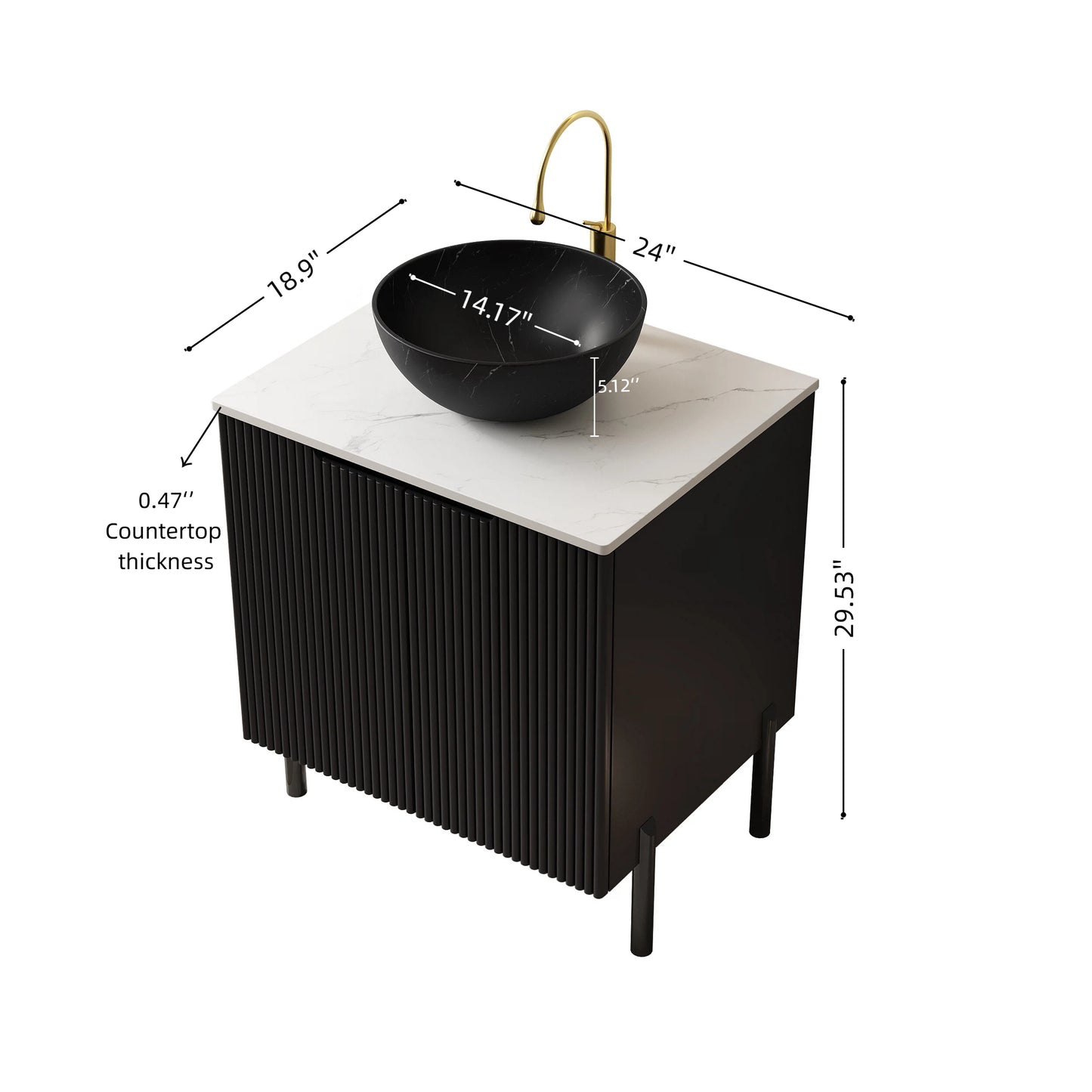 TURIO 24" Bathroom Vanity with Sink, Freestanding Bathroom Storage Cabinet with 2 Doors, Transparent Black Round Glass Basin and Carrara White Sintered Stone Countertop, No Faucet, Black Color