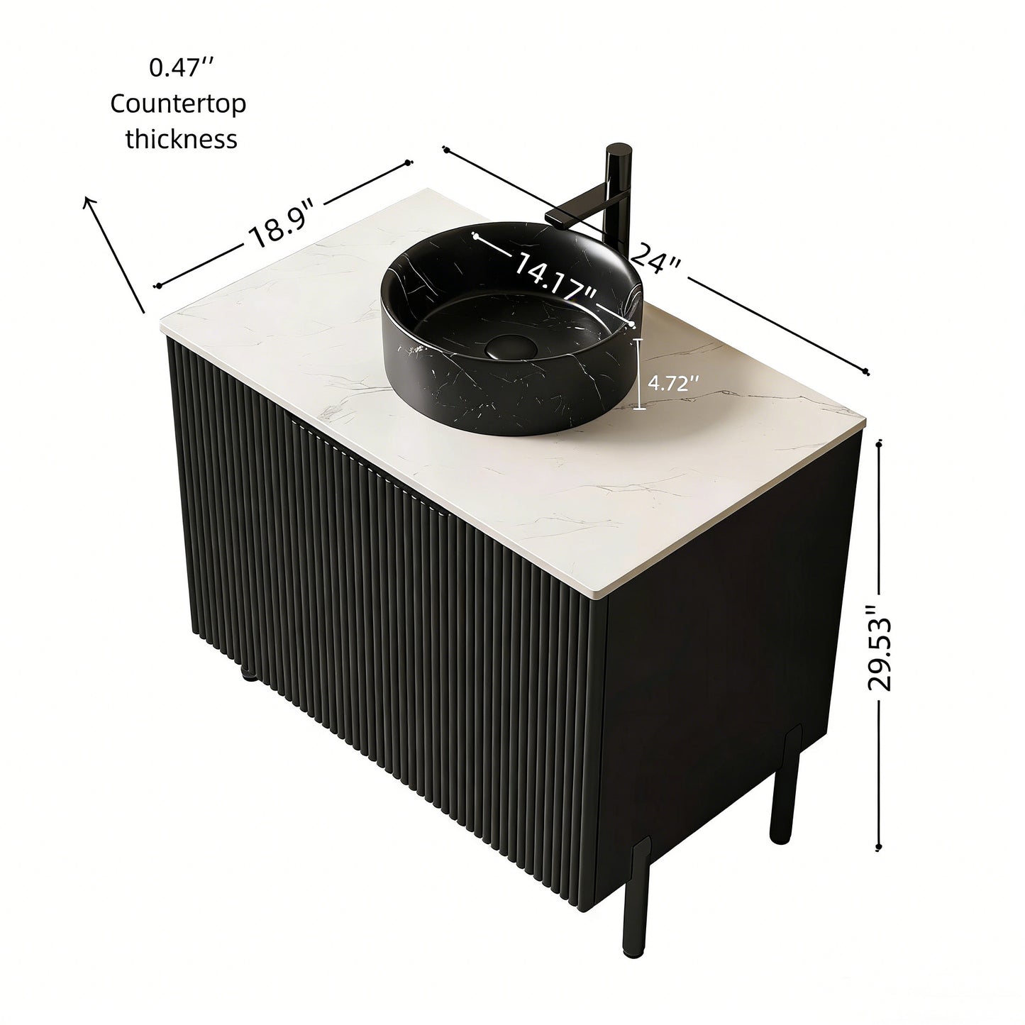 TURIO 24" Bathroom Vanity with Sink, Freestanding Bathroom Storage Cabinet with 2 Doors, Transparent Black Round Glass Basin and Carrara White Sintered Stone Countertop, No Faucet, Black Color