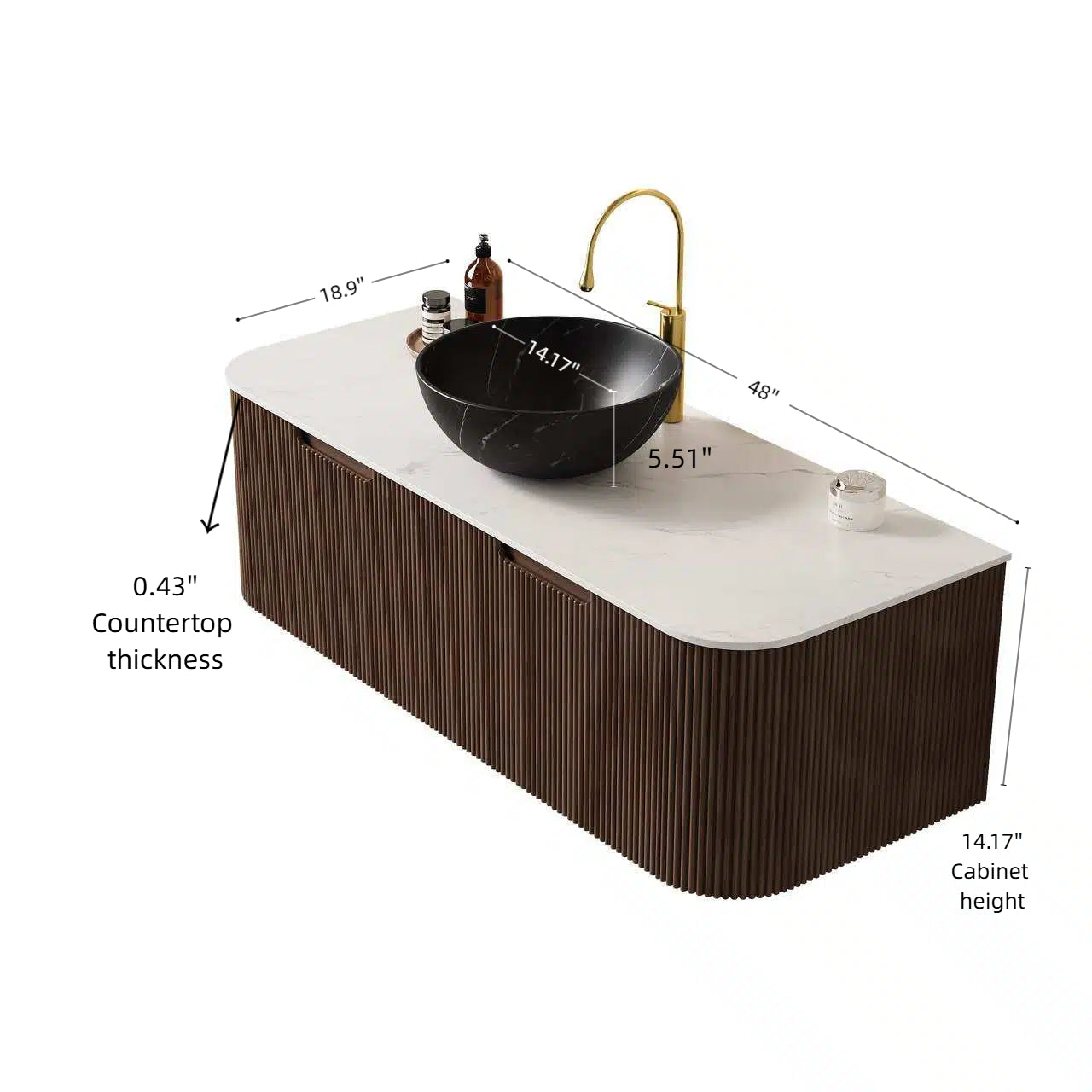 DINA 24" Bathroom Vanity&Sink, Floating Curved Edges Striped Storage Cabinet with Drawer, Stone Black Round Ceramic Basin&Carrara White Sintered Stone Top, Pre-assembled, Dark Walnut Woodgrain Color