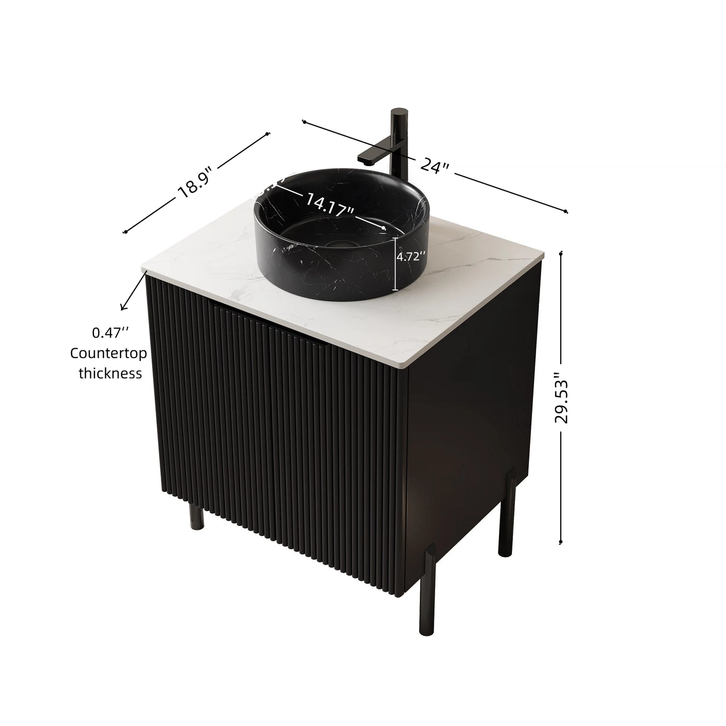 TURIO 24" Bathroom Vanity with Sink, Freestanding Bathroom Storage Cabinet with 2 Doors, Transparent Black Round Glass Basin and Carrara White Sintered Stone Countertop, No Faucet, Black Color