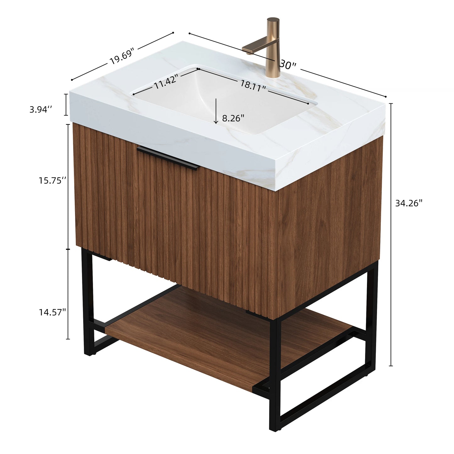 YOLAN 30" Bathroom Vanity&Sink, Freestanding Striped Plywood Storage Cabinet with Drawer&Open Shelf, Roma Travertine Sintered Stone Top&Undermount Ceramic Basin, Pre-assembled, Dark Walnut Woodgrain