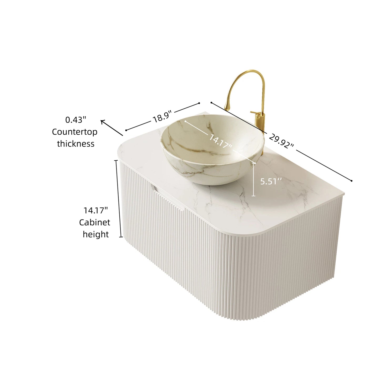 DINA 24" Bathroom Vanity&Sink, Floating Curved Edges Striped Storage Cabinet with Drawer, Matte Stone White Bowl Ceramic Basin&Carrara White Sintered Stone Top, Pre-assembled, White Color