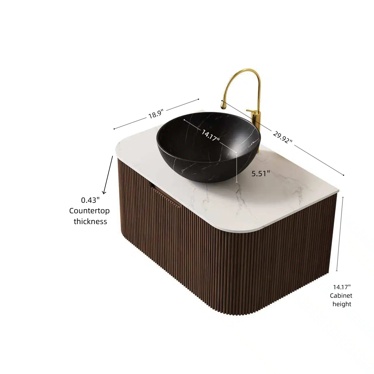 DINA 24" Bathroom Vanity&Sink, Floating Curved Edges Striped Storage Cabinet with Drawer, Stone Black Round Ceramic Basin&Carrara White Sintered Stone Top, Pre-assembled, Dark Walnut Woodgrain Color