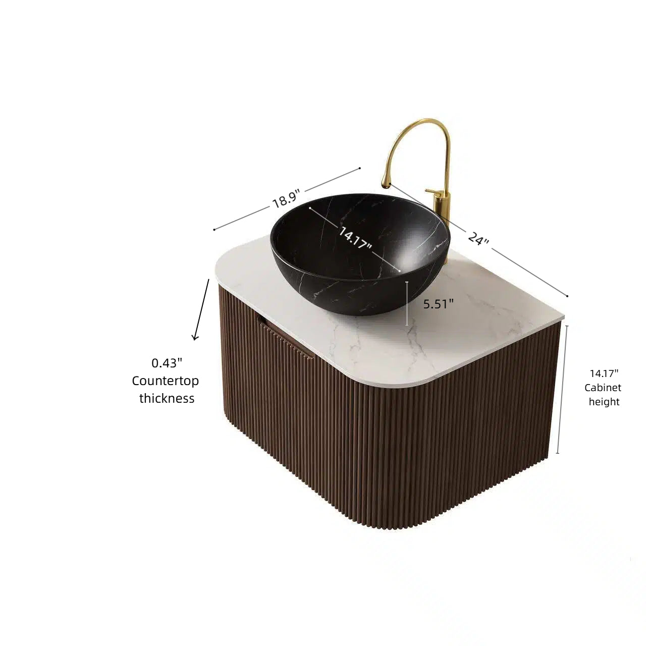DINA 24" Bathroom Vanity&Sink, Floating Curved Edges Striped Storage Cabinet with Drawer, Stone Black Round Ceramic Basin&Carrara White Sintered Stone Top, Pre-assembled, Dark Walnut Woodgrain Color