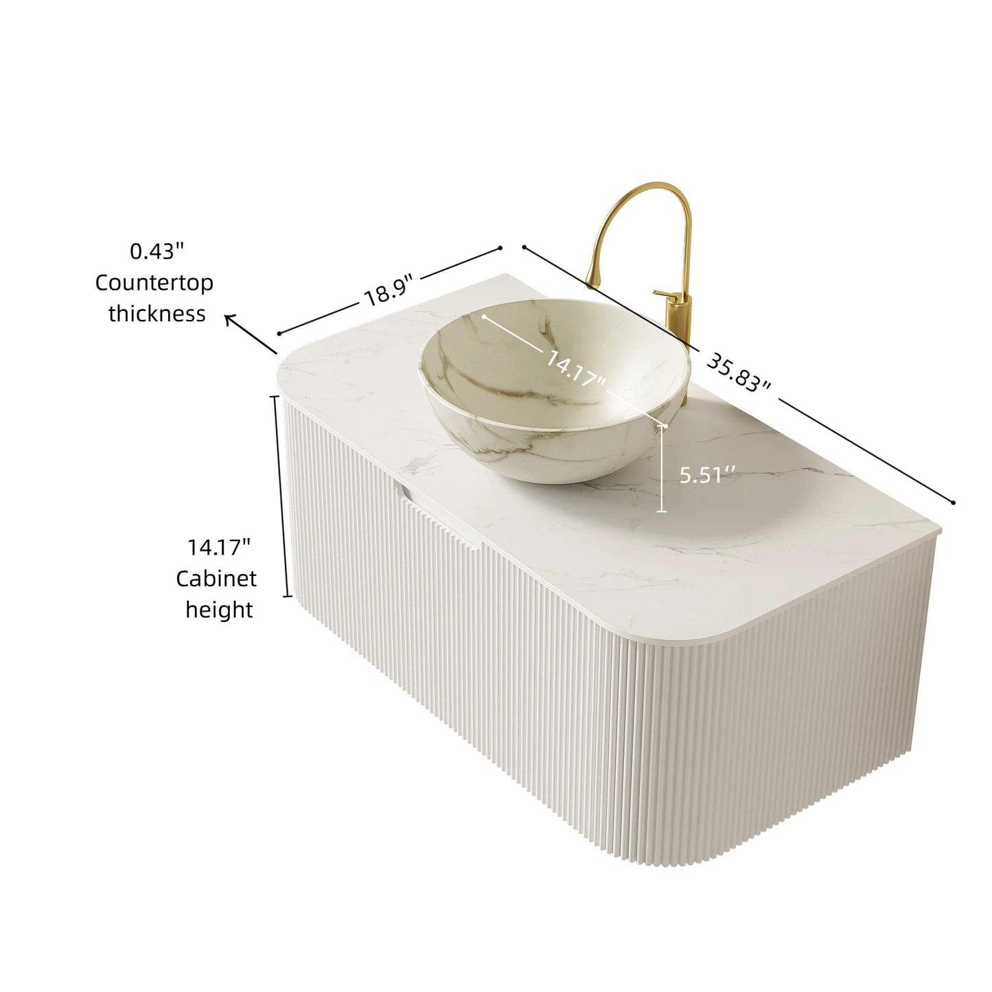 DINA 24" Bathroom Vanity&Sink, Floating Curved Edges Striped Storage Cabinet with Drawer, Matte Stone White Bowl Ceramic Basin&Carrara White Sintered Stone Top, Pre-assembled, White Color