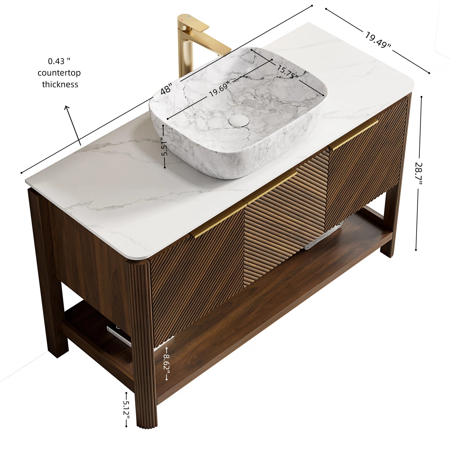 INDIGO 60" Bathroom Vanity&Sinks, Freestanding Plywood Storage Cabinet with 4 Diagonal Striped Doors&Open Shelf, 2 Marble Pattern Ceramic Basins&Carrara White Sintered Stone Top, Dark Walnut Woodgrain