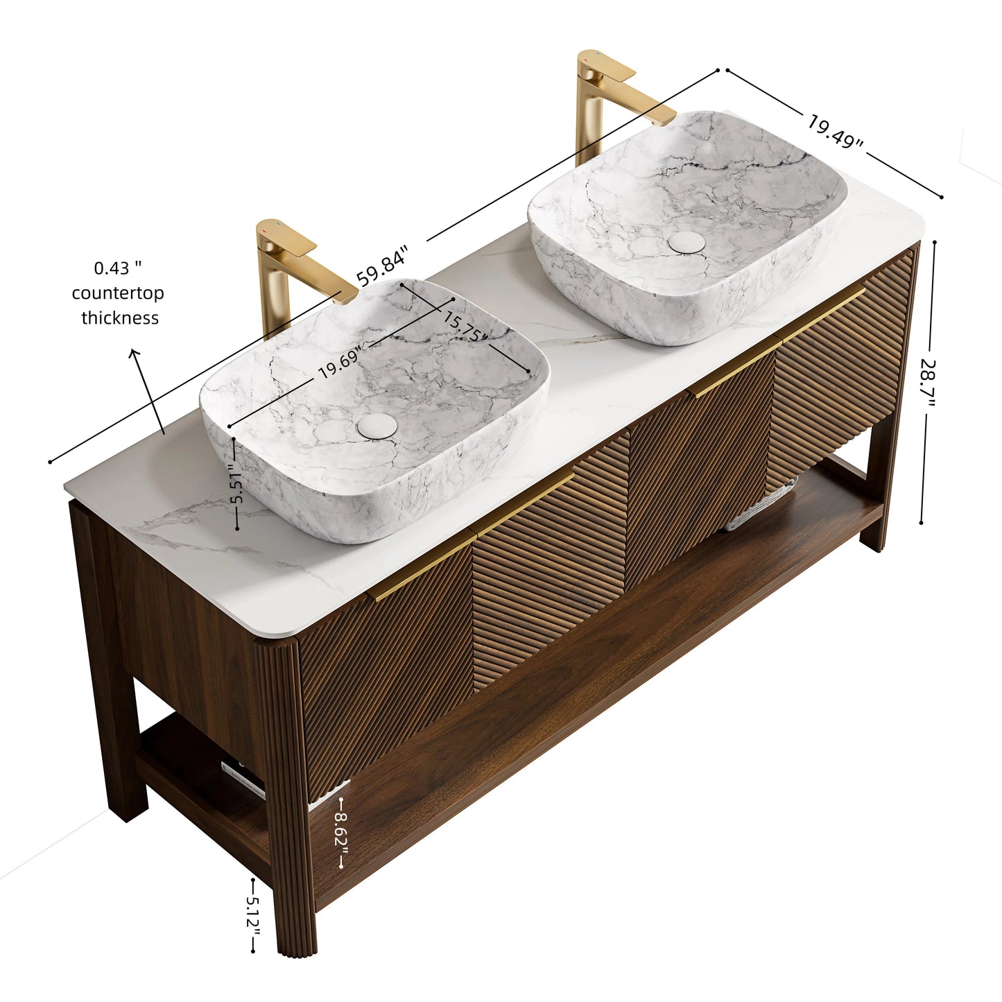 INDIGO 60" Bathroom Vanity&Sinks, Freestanding Plywood Storage Cabinet with 4 Diagonal Striped Doors&Open Shelf, 2 Marble Pattern Ceramic Basins&Carrara White Sintered Stone Top, Dark Walnut Woodgrain