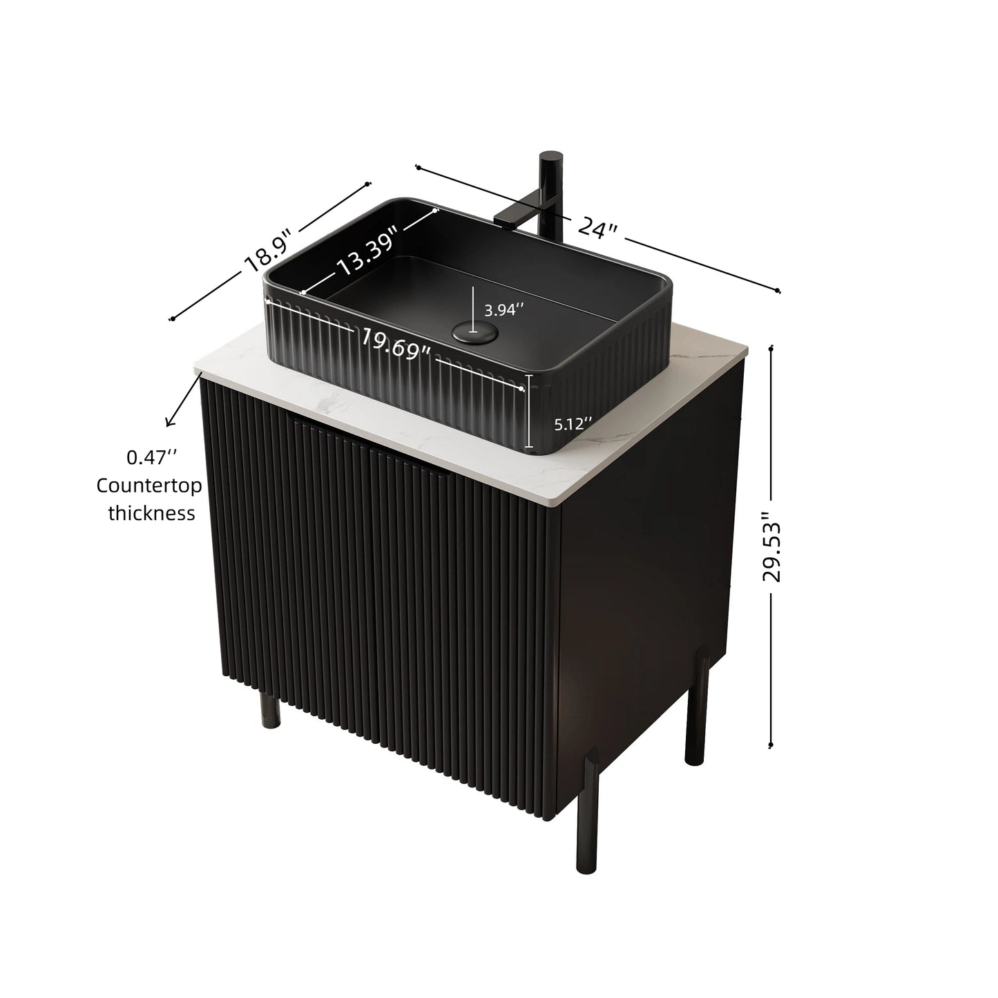 TURIO 24" Bathroom Vanity with Sink, Freestanding Bathroom Storage Cabinet with 2 Doors, Transparent Black Round Glass Basin and Carrara White Sintered Stone Countertop, No Faucet, Black Color