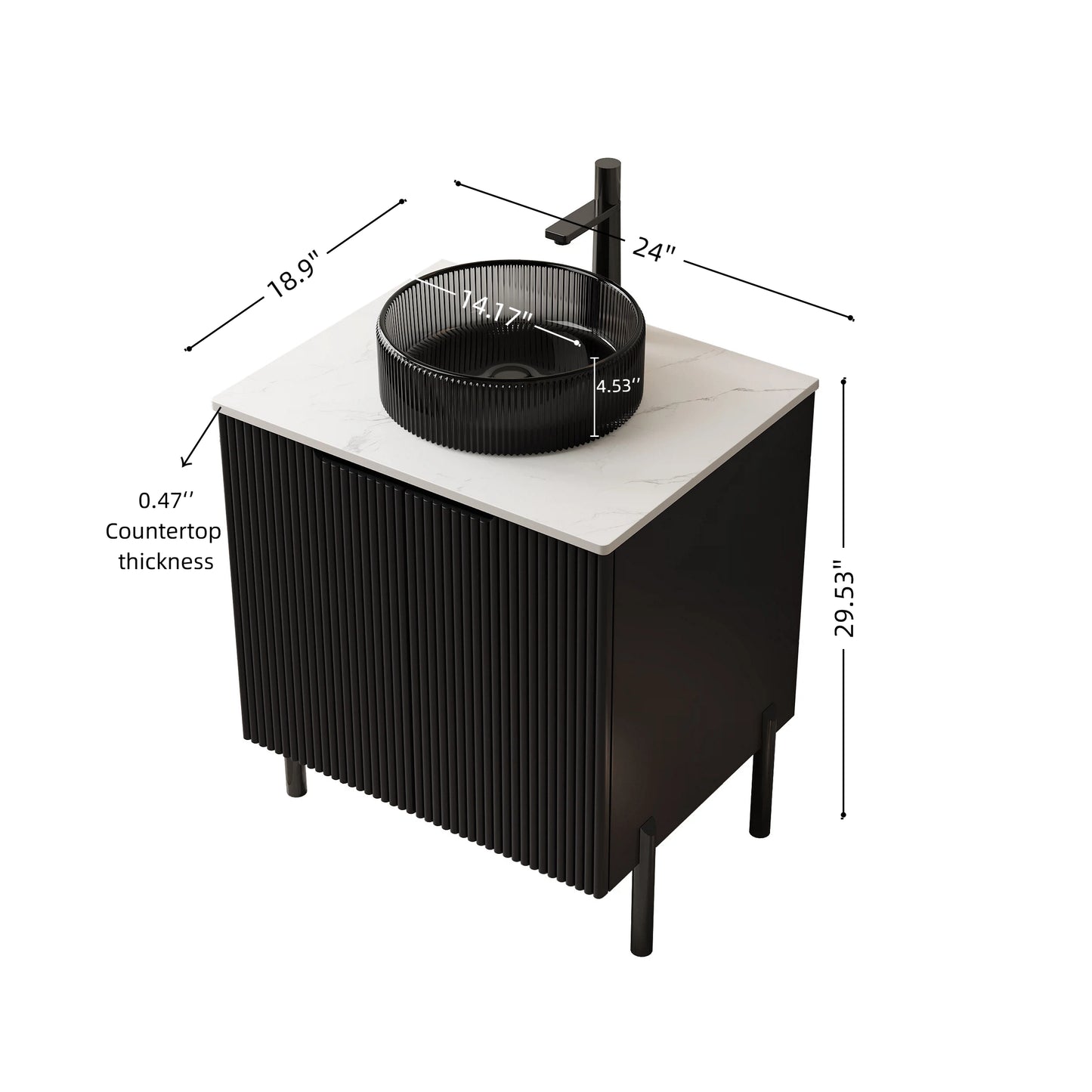 TURIO 24" Bathroom Vanity with Sink, Freestanding Bathroom Storage Cabinet with 2 Doors, Transparent Black Round Glass Basin and Carrara White Sintered Stone Countertop, No Faucet, Black Color