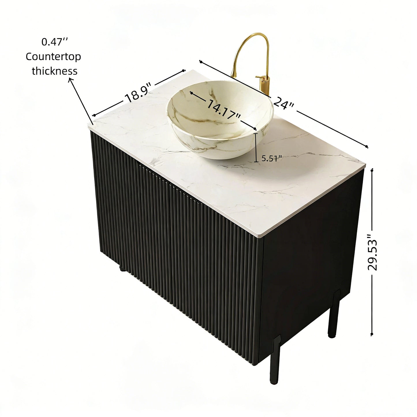 TURIO 24" Bathroom Vanity with Sink, Freestanding Bathroom Storage Cabinet with 2 Doors, Transparent Black Round Glass Basin and Carrara White Sintered Stone Countertop, No Faucet, Black Color