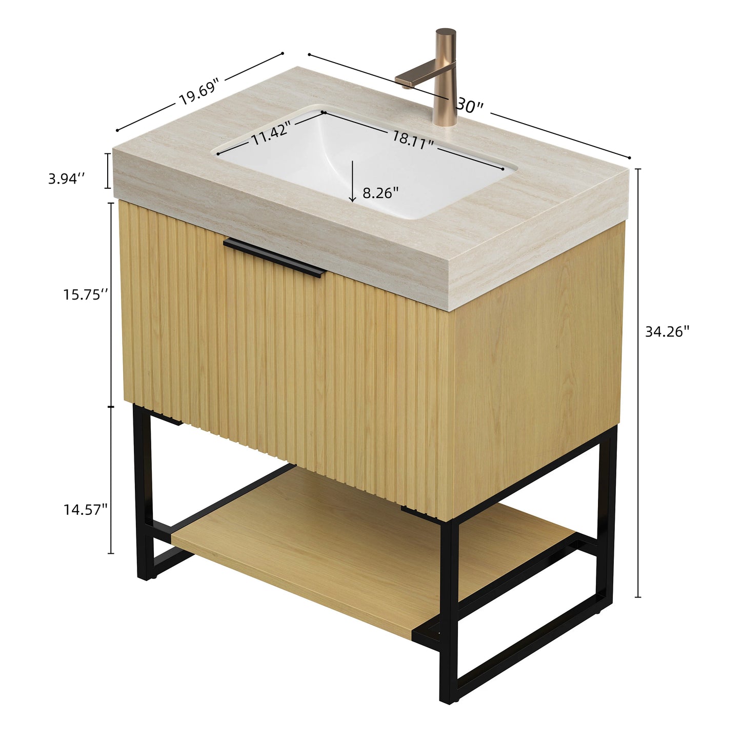 YOLAN 30" Bathroom Vanity&Sink, Freestanding Striped Plywood Storage Cabinet with Drawer&Open Shelf, Roma Travertine Sintered Stone Top&Undermount Ceramic Basin, Pre-assembled, Dark Walnut Woodgrain