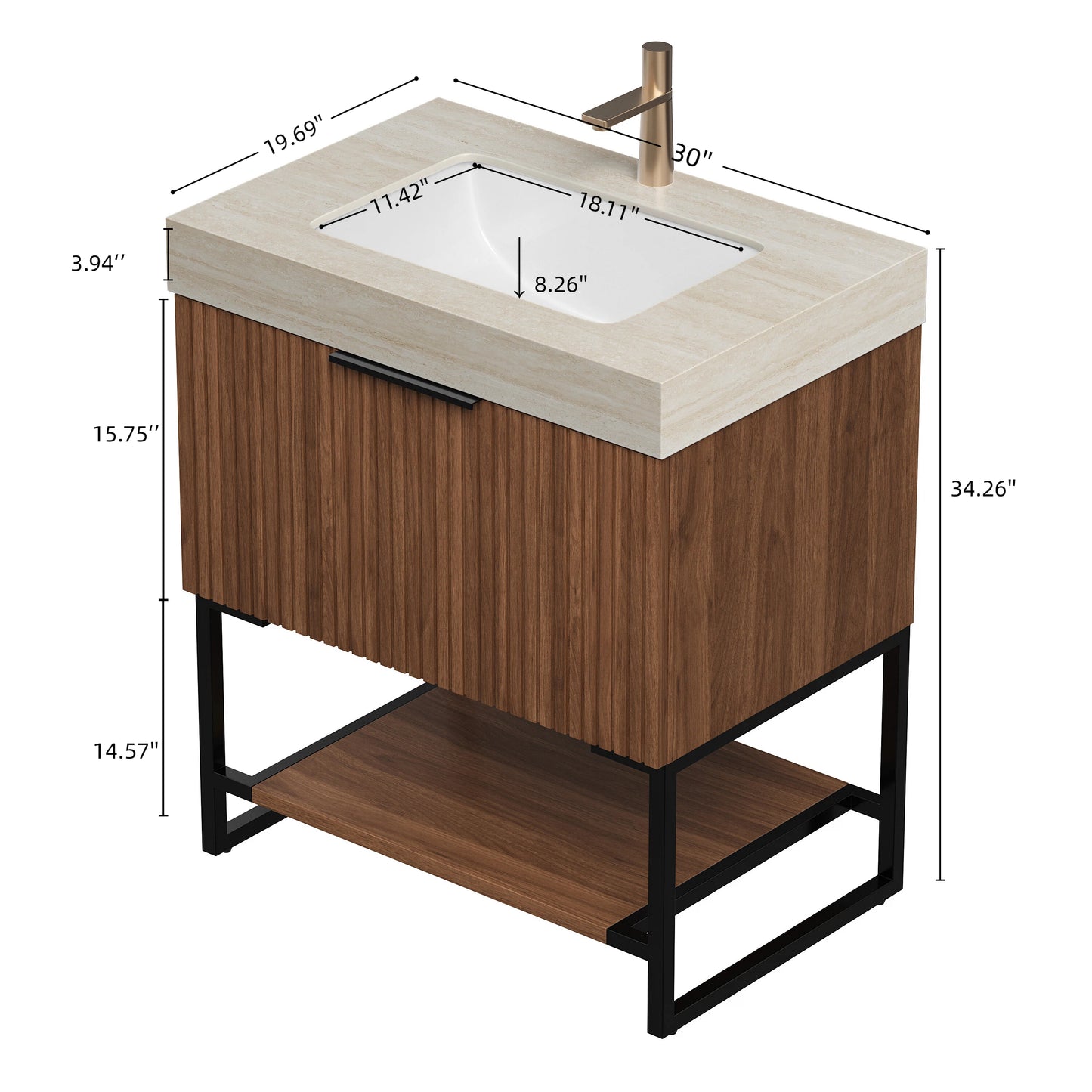 YOLAN 30" Bathroom Vanity&Sink, Freestanding Striped Plywood Storage Cabinet with Drawer&Open Shelf, Roma Travertine Sintered Stone Top&Undermount Ceramic Basin, Pre-assembled, Dark Walnut Woodgrain