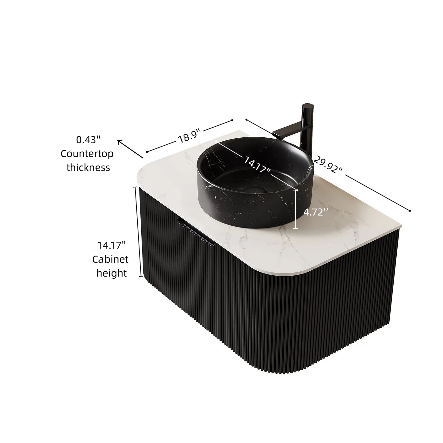 DINA 60" Bathroom Vanity&Sinks, Floating Curved Edges Striped Storage Cabinet with 2 Drawers, 2 Stone Black Round Ceramic Basins&Carrara White Sintered Stone Top, Pre-assembled, Black Color