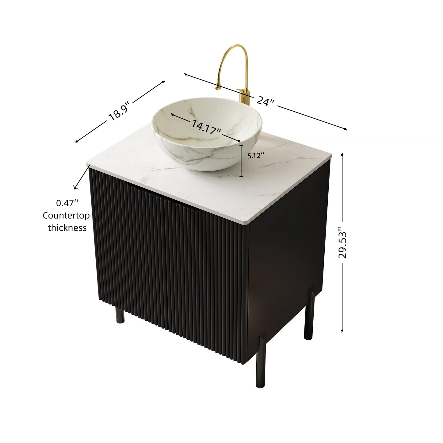 TURIO 24" Bathroom Vanity with Sink, Freestanding Bathroom Storage Cabinet with 2 Doors, Transparent Black Round Glass Basin and Carrara White Sintered Stone Countertop, No Faucet, Black Color