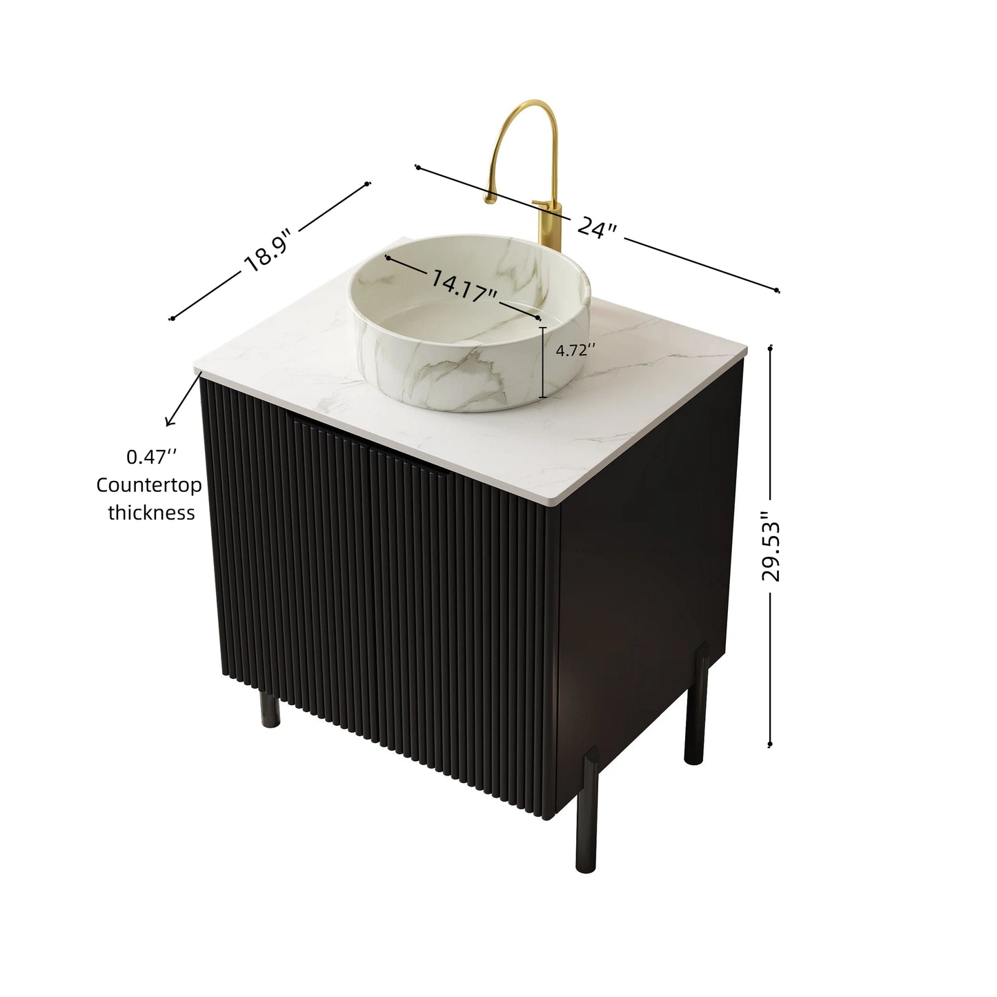 TURIO 24" Bathroom Vanity with Sink, Freestanding Bathroom Storage Cabinet with 2 Doors, Transparent Black Round Glass Basin and Carrara White Sintered Stone Countertop, No Faucet, Black Color